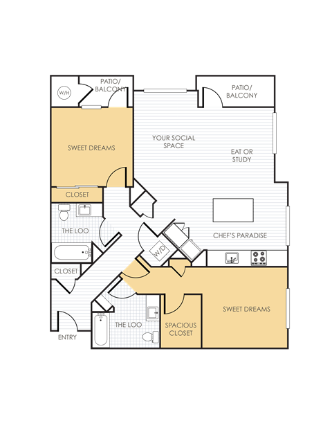 Floor plan for 2 beds, 2 baths, 1299 sqft